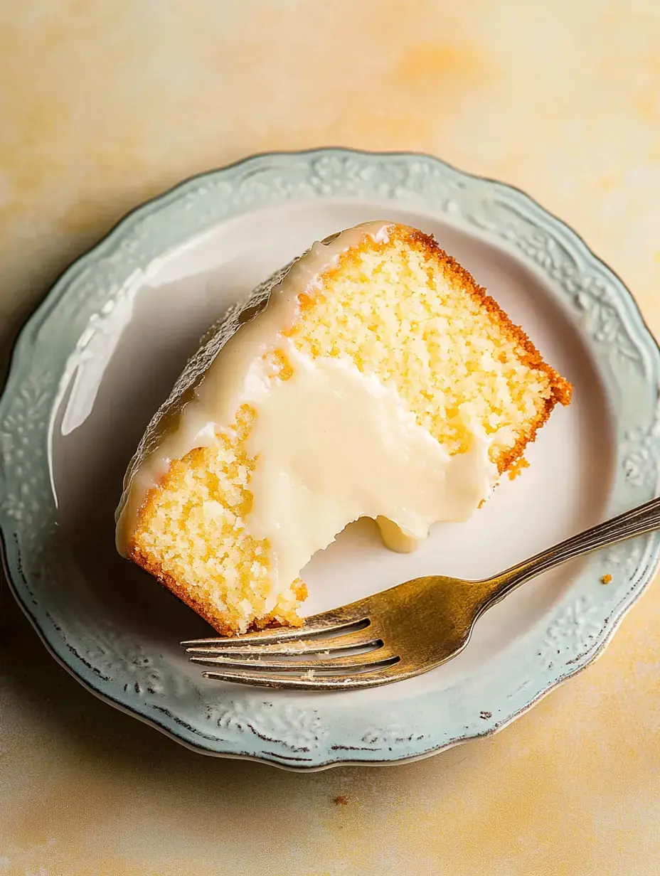 Une belle part de gâteau bien moelleux et légèrement nappé sur une jolie assiette, avec une fourchette à côté.