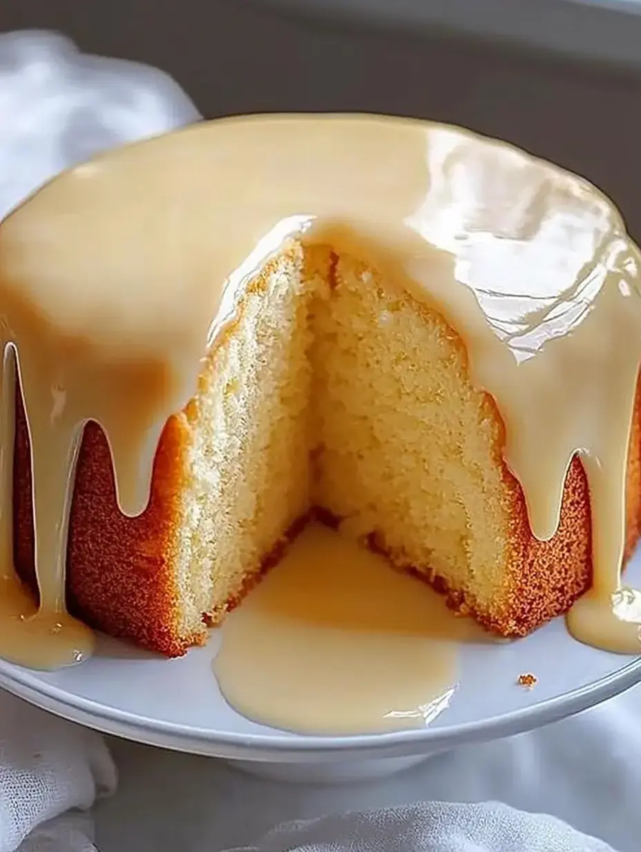 Un gâteau doré et tout juste coupé arrosé d’un nappage crémeux sur une assiette.