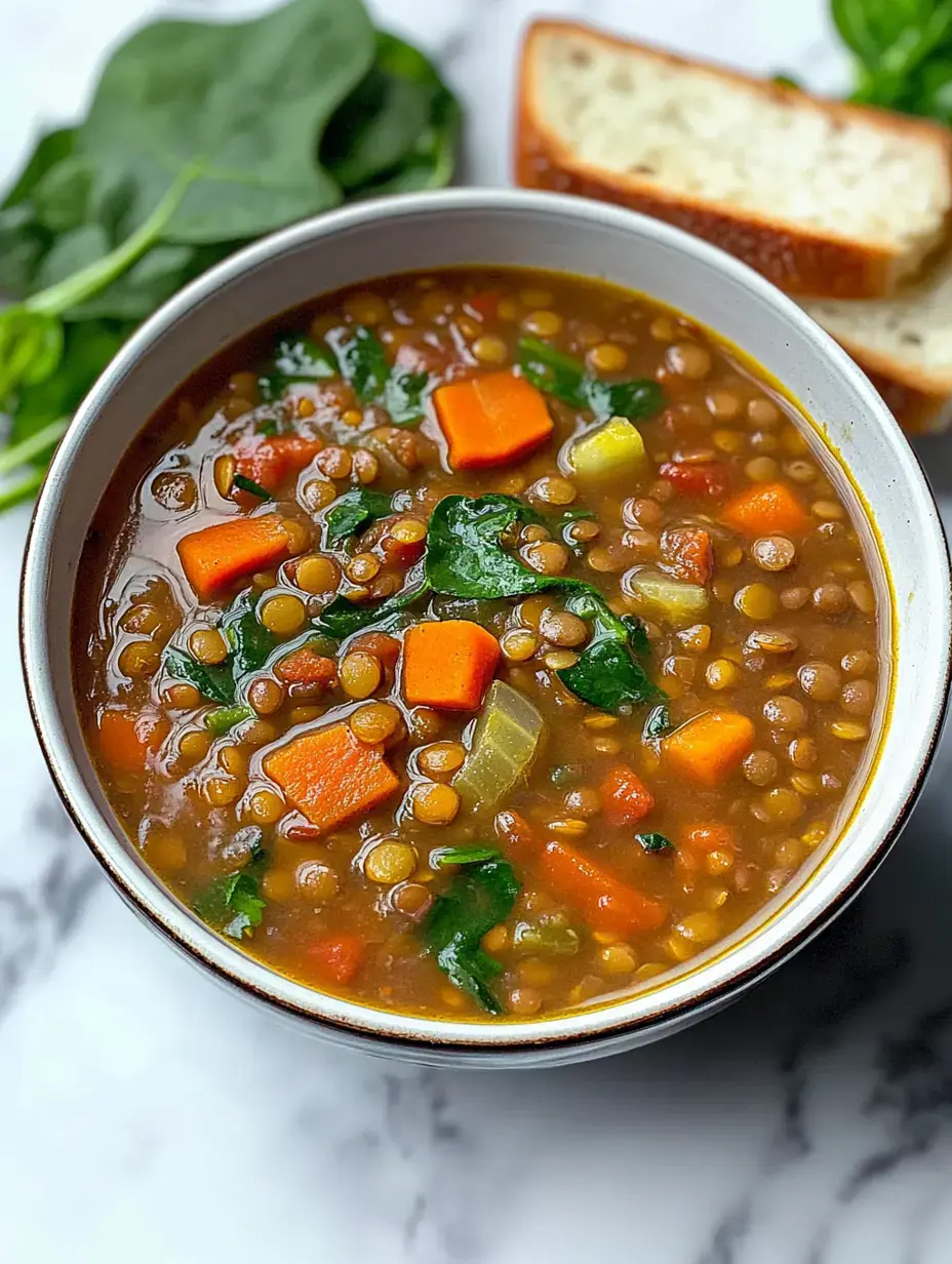 Un bol de soupe de lentilles avec des légumes comme des carottes et des épinards et des tranches de pain à côté.