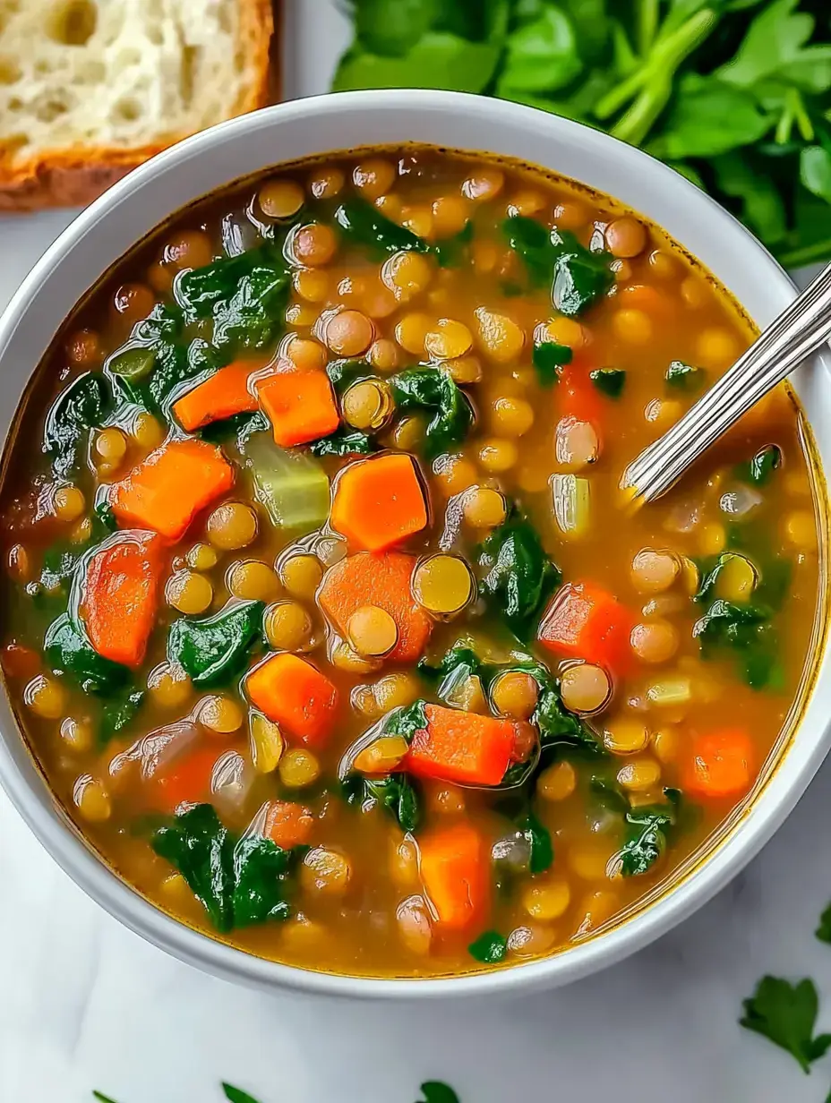 Un bol de soupe de lentilles avec carottes, épinards et une cuillère, plus une tranche de pain et des feuilles vertes fraîches.