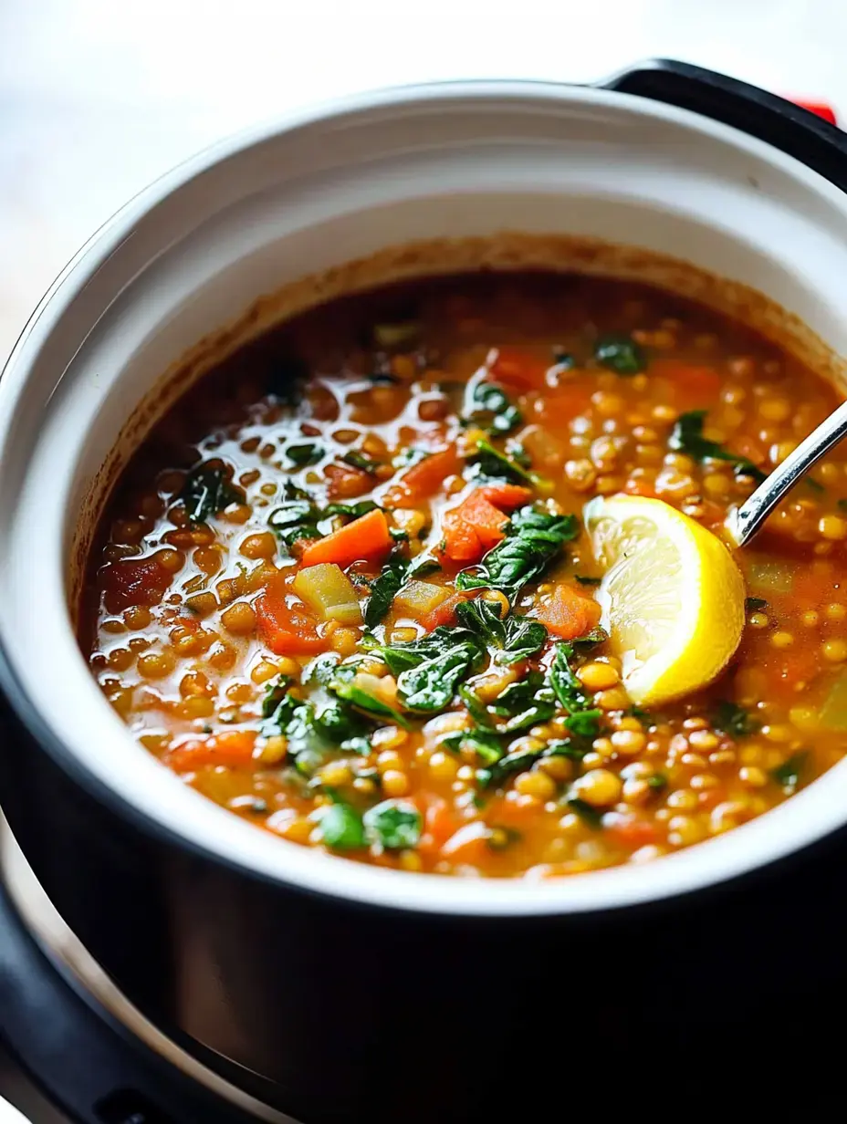 Gros plan sur un bol de soupe de lentilles aux légumes, épinards et une rondelle de citron dessus.