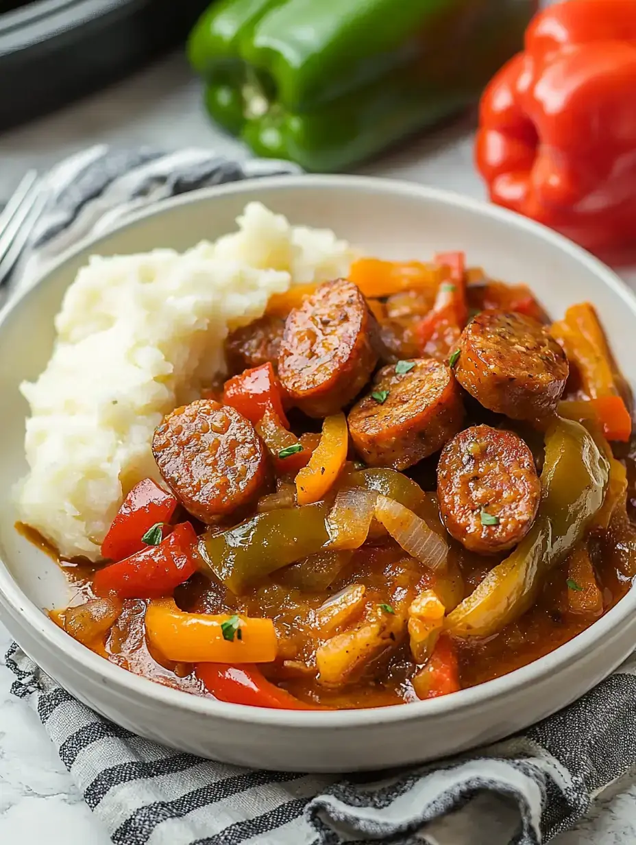 Un bol de purée garni de saucisses poêlées et de poivrons fondants nappés de sauce, avec quelques herbes fraîches dessus.