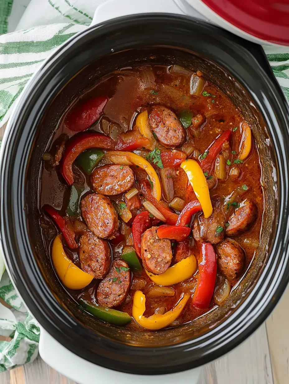 Zoom sur une mijoteuse pleine de saucisses, poivrons, oignons et sauce bien mijotée.