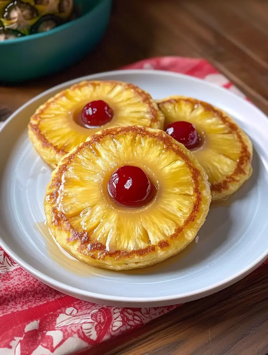 Une assiette avec trois rondelles d’ananas garnies de cerises confites, nappées de sirop, posée sur une serviette rouge et blanche.