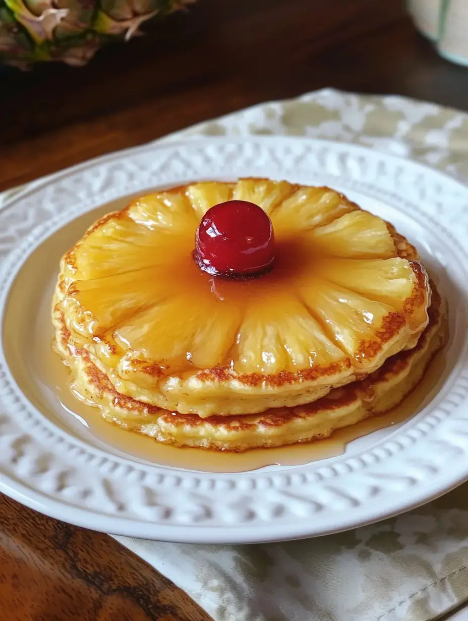Une assiette avec trois pancakes à l’ananas et une cerise, nappés de sirop.