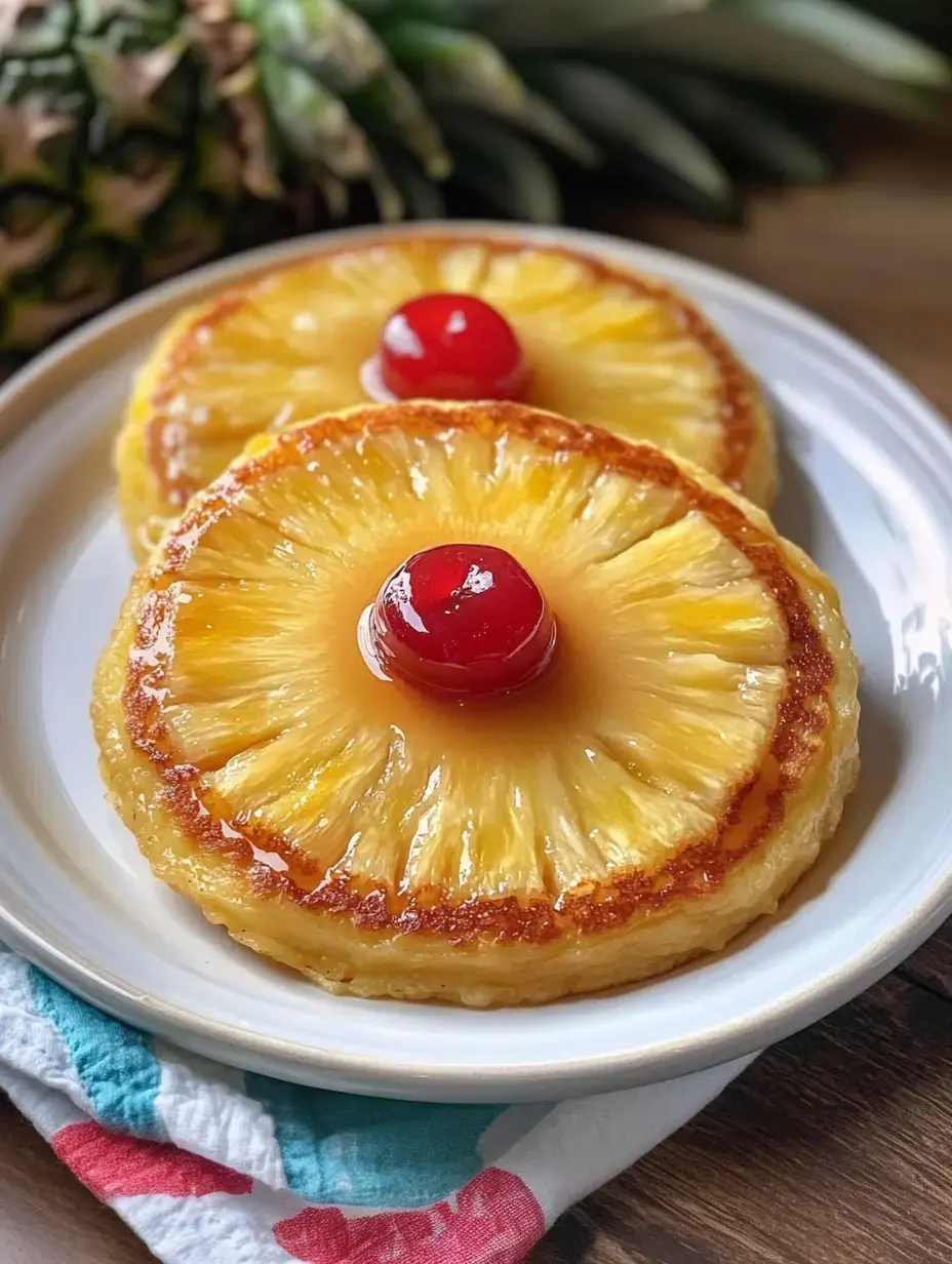 Assiette avec deux pancakes à l’ananas moelleux, coiffés d'une cerise rouge vif, posée sur un torchon coloré avec un ananas entier en arrière-plan.