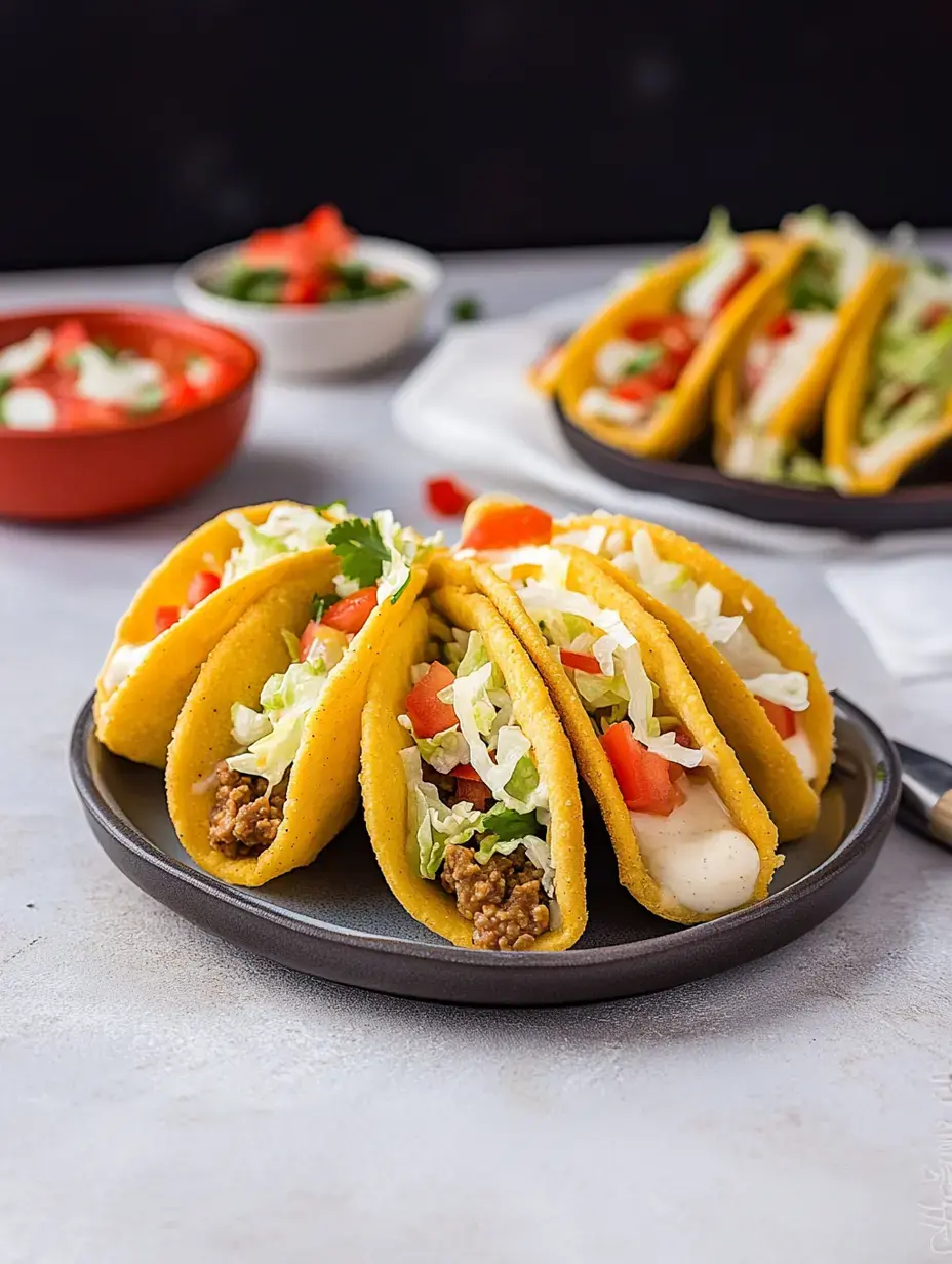 Une assiette de tacos colorés garnis de bœuf haché, salade, tomates et sauce crémeuse, avec un bol de salsa en arrière plan.