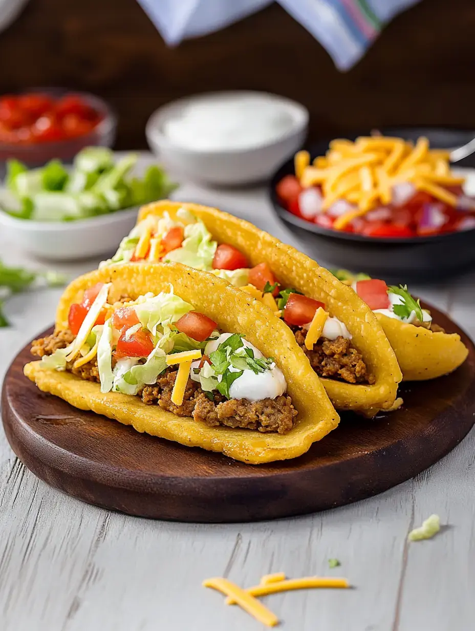 Deux tacos garnis de viande hachée, salade, tomate, fromage et crème sont servis sur une assiette en bois, avec des garnitures au fond.