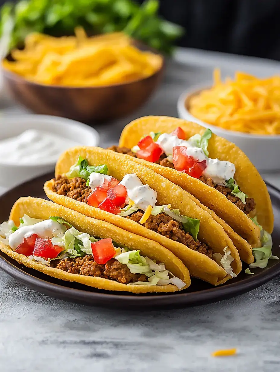 Trois tacos bien garnis avec viande, salade, tomates, crème sur assiette foncée, des bols de fromage râpé et de garnitures autour.