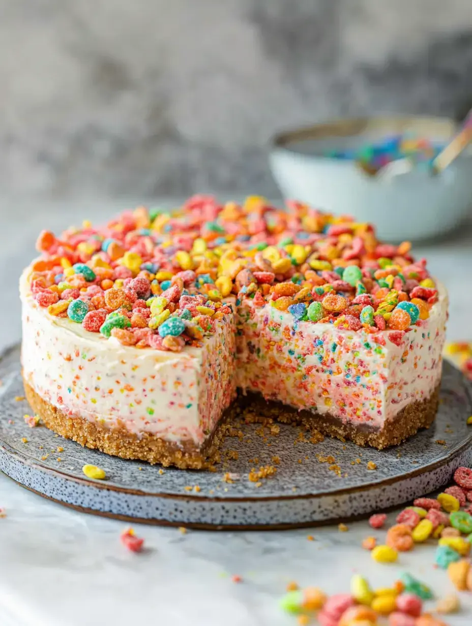 Un gâteau tout en couleurs recouvert de céréales fruitées, posé sur une assiette grise, une part a été retirée et des miettes parsèment la table.
