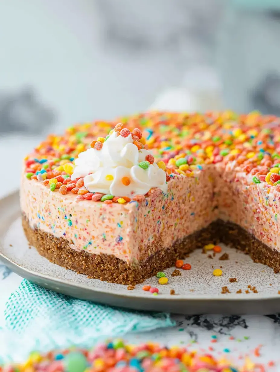 Un entremets sans cuisson décoré de céréales colorées et de chantilly, une part découpée, on voit la crème onctueuse et la croûte biscuitée.
