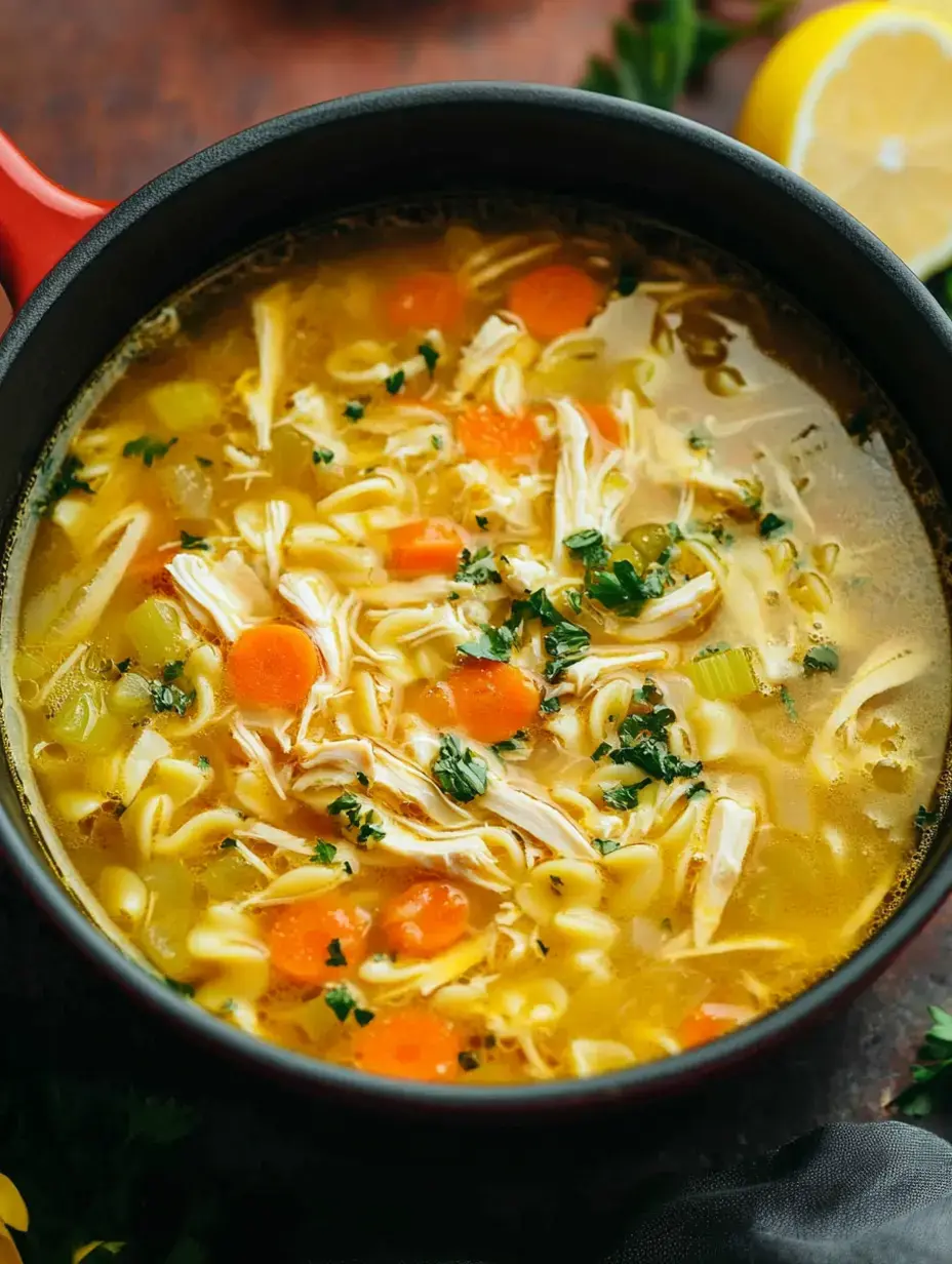Gros plan sur une marmite de soupe au poulet, carottes, persil et bouillon parfumé.