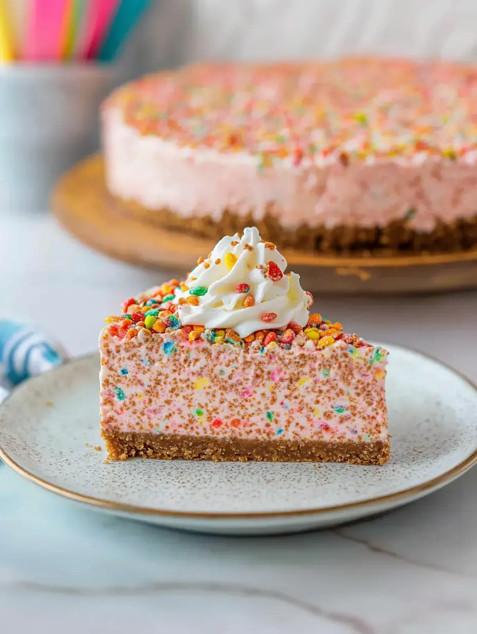 Une part de cheesecake tout rose et colorée, saupoudrée de céréales, posée sur une assiette chic, l’entremets entier apparaît derrière.