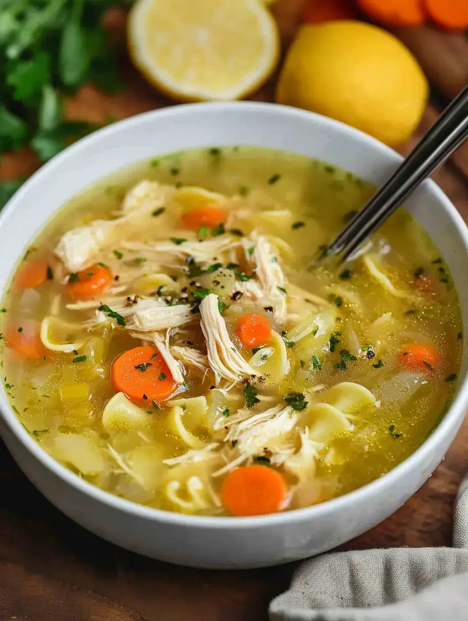 Bol de soupe de poulet avec morceaux de poulet effiloché, carottes, pâtes, herbes et des citrons au fond.