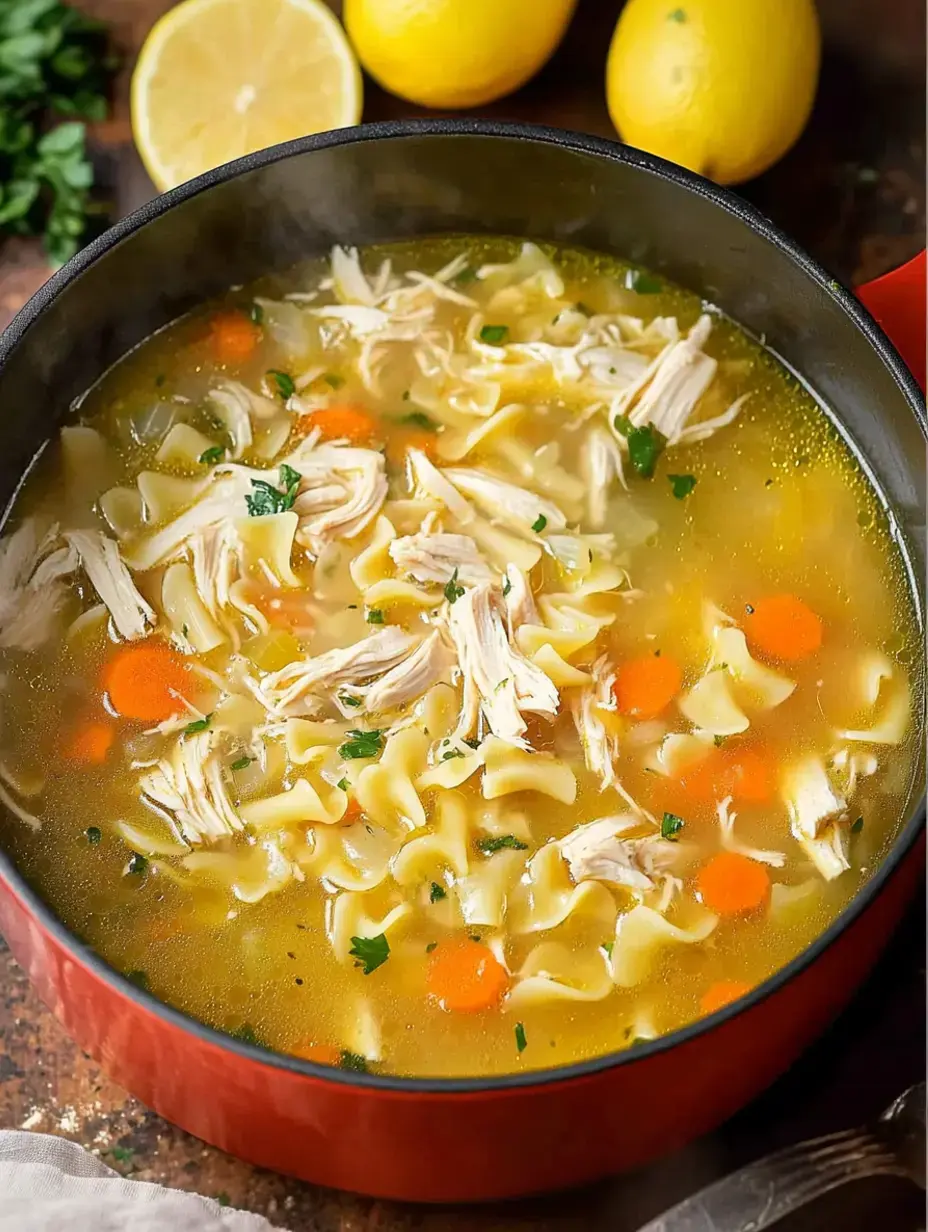 Bol fumant de soupe de poulet aux pâtes, poulet effiloché, carottes, persil et demi-citrons derrière.