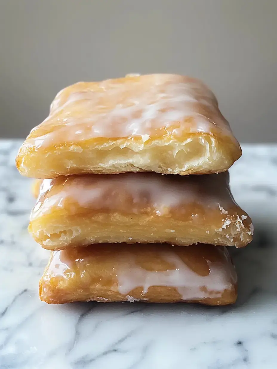 Trois pâtisseries brillantes superposées sur un plan de travail en marbre.