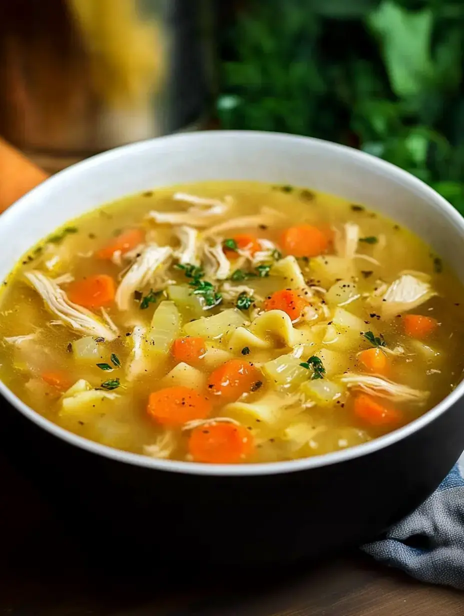 Bol de soupe au poulet avec pâtes, morceaux de poulet, carottes, céleri et herbes sur le dessus.