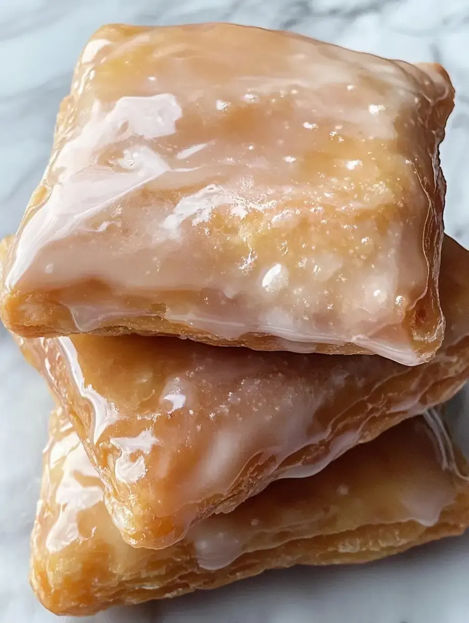 Zoom sur trois pâtisseries brillantes empilées sur un plan de marbre.