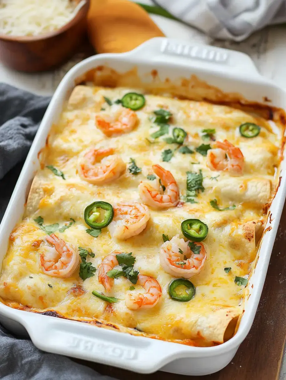 Un plat blanc rempli d’enchiladas aux crevettes gratinées, couronnées de piments frais et coriandre, posé sur une table en bois avec à côté un bol de fromage râpé.