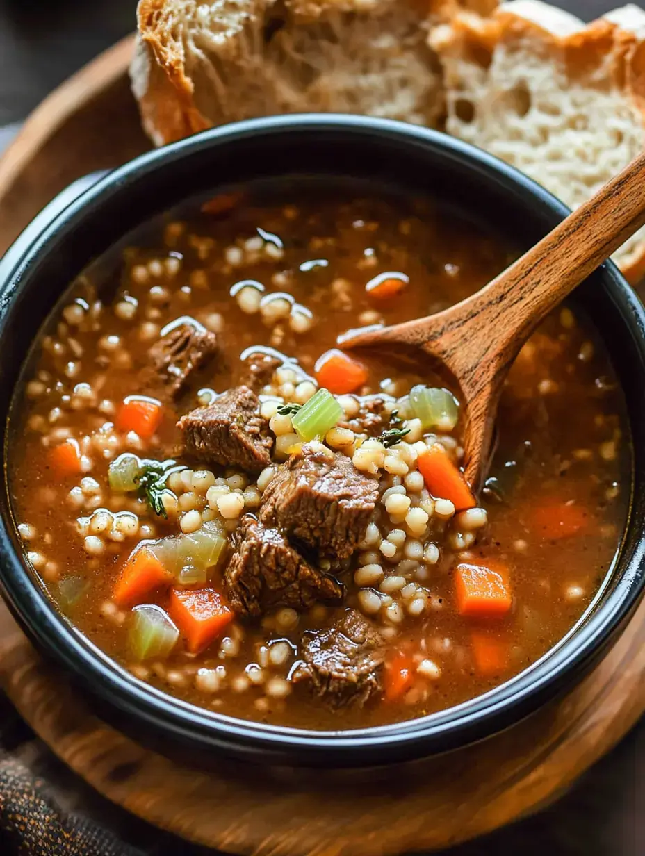 Un bol rempli de soupe au bœuf, légumes et orge, avec des tranches de pain à côté.
