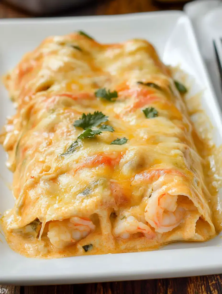 Une part d’enchiladas aux crevettes bien gratinée et couronnée de coriandre, servie sur une assiette blanche.