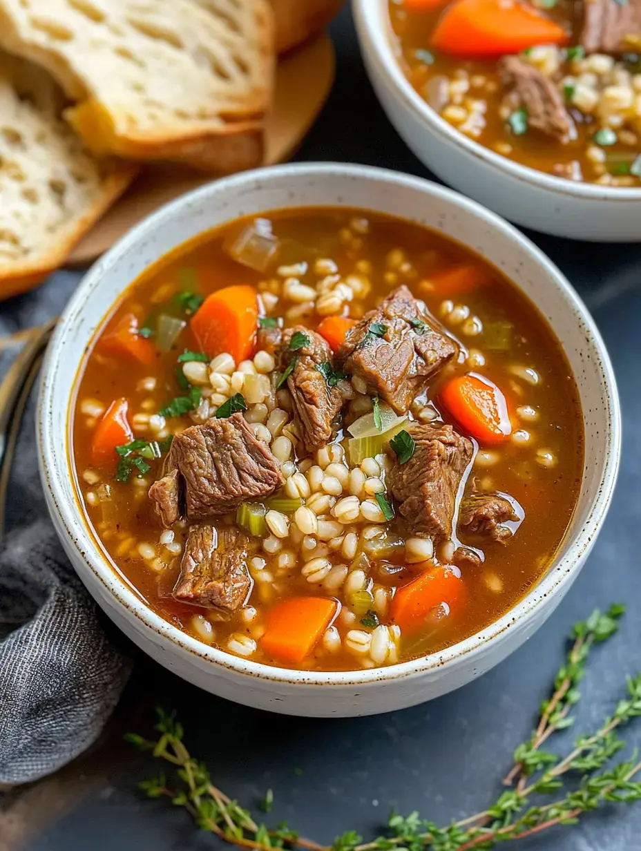Bol de soupe copieuse au bœuf, carottes et orge avec pain à côté.