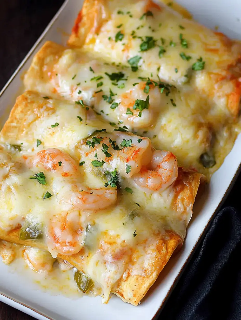 Une assiette d’enchiladas aux crevettes gratinées couronnée d’herbes fraîches.
