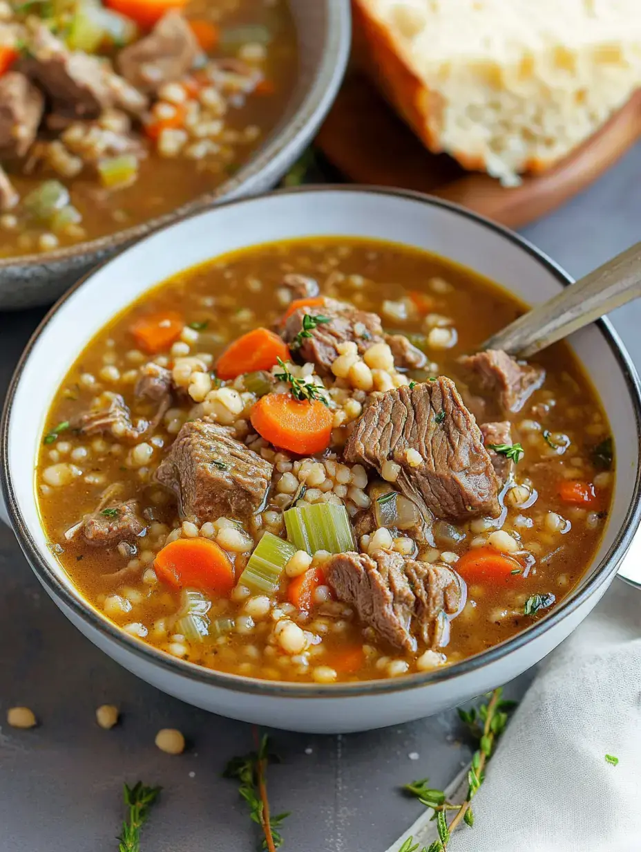 Gros plan sur la soupe au bœuf, orge, carottes et céleri avec pain à côté.