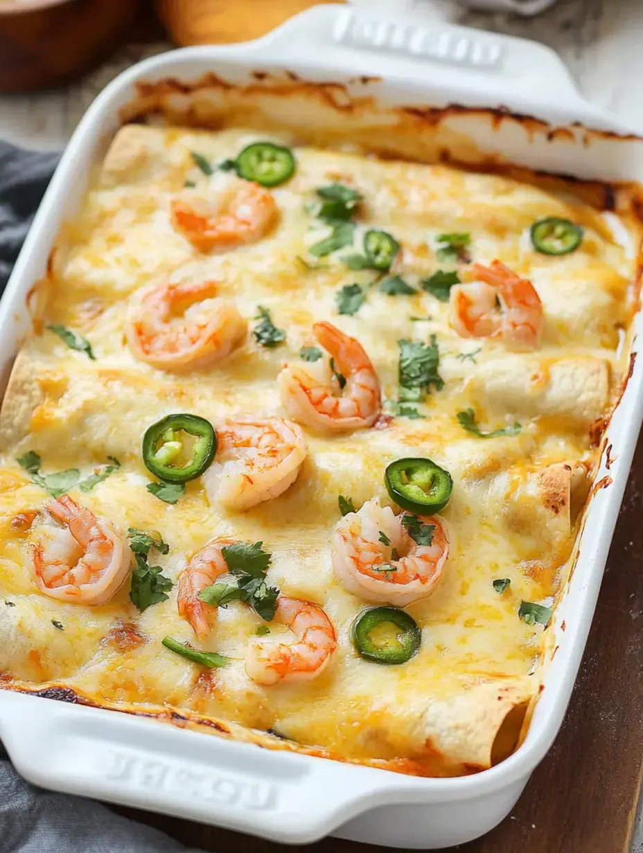 Un plat d’enchiladas aux crevettes tout chaud sorti du four, avec fromage fondu, piment et coriandre dessus.