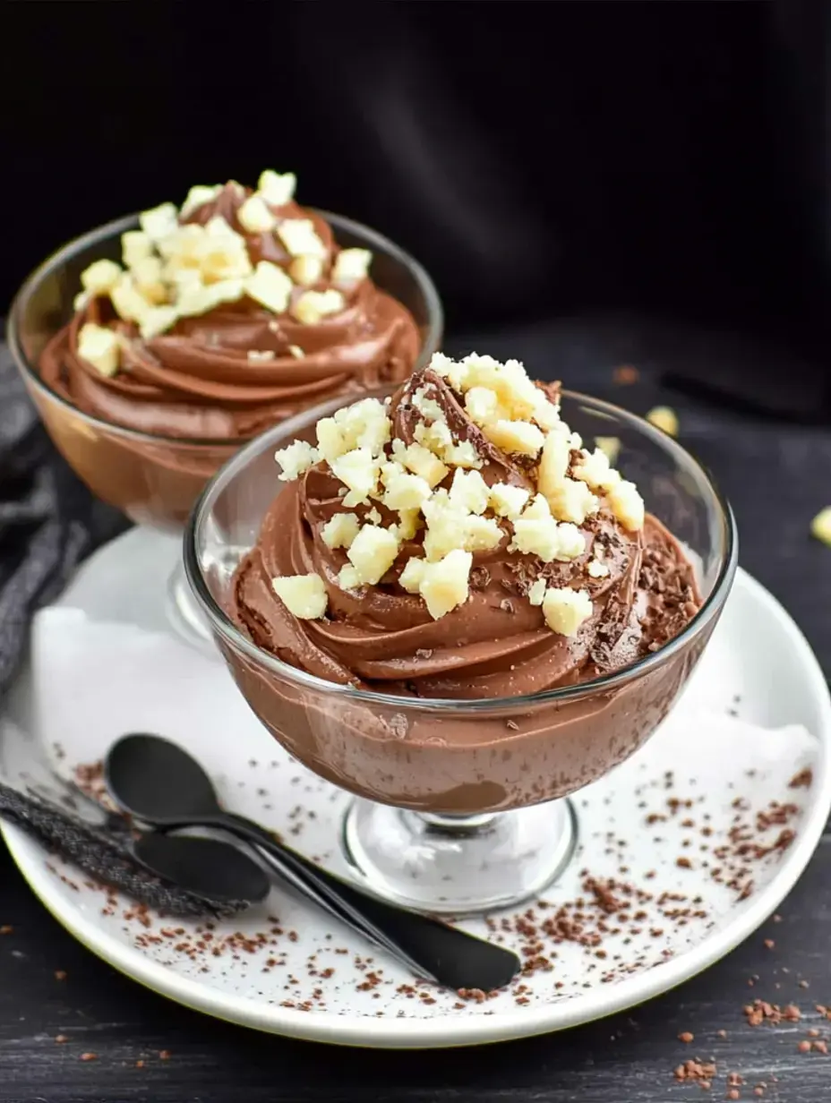 Deux verrines de mousse au chocolat dense parsemées de noix concassées sur une assiette blanche avec des cuillères noires.