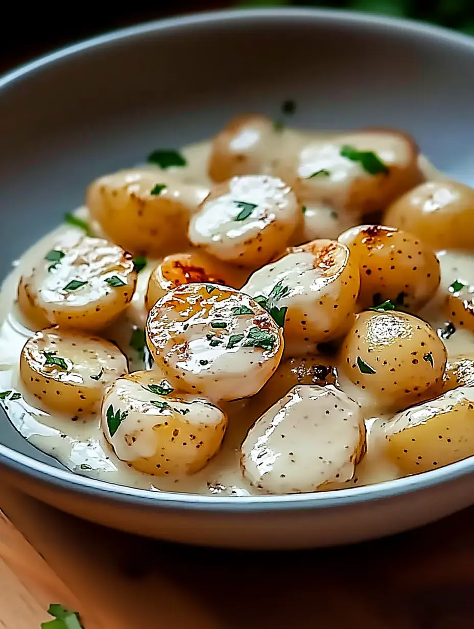 Bol de petites pommes de terre nappées de crème et d’herbes fraîches.