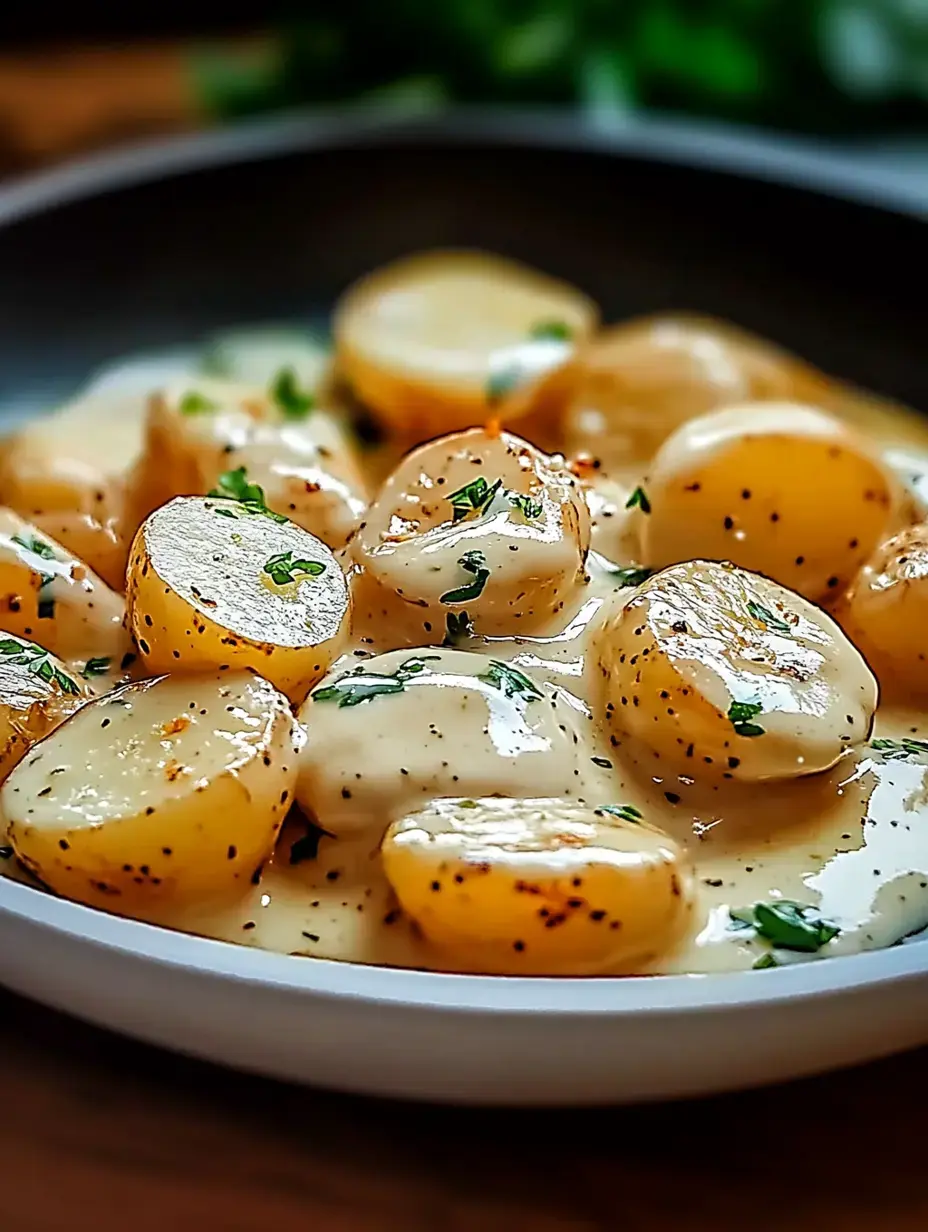Zoom sur des patates crémeuses décorées de persil, posées sur une assiette noire.
