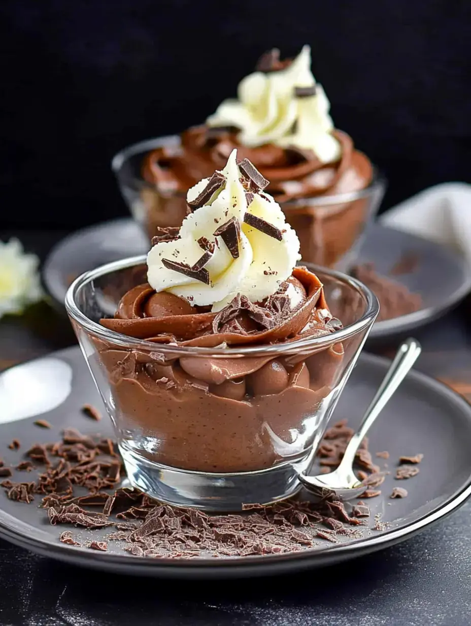 Deux verres de mousse au chocolat bien garnis, surmontés de chantilly et de copeaux de chocolat sur un fond sombre.