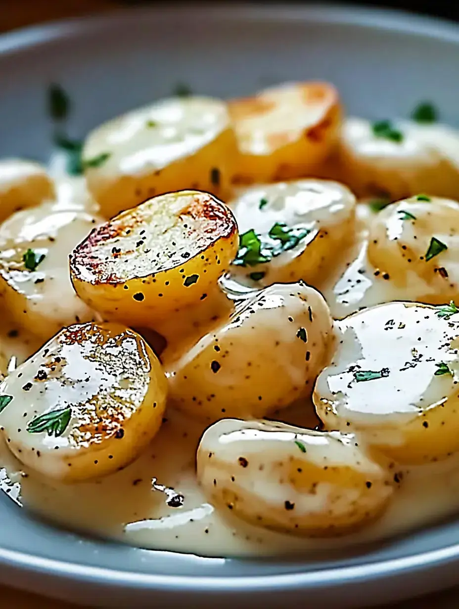 Zoom sur des pommes de terre rôties tranchées, nappées de crème et d’herbes, sur une assiette blanche.
