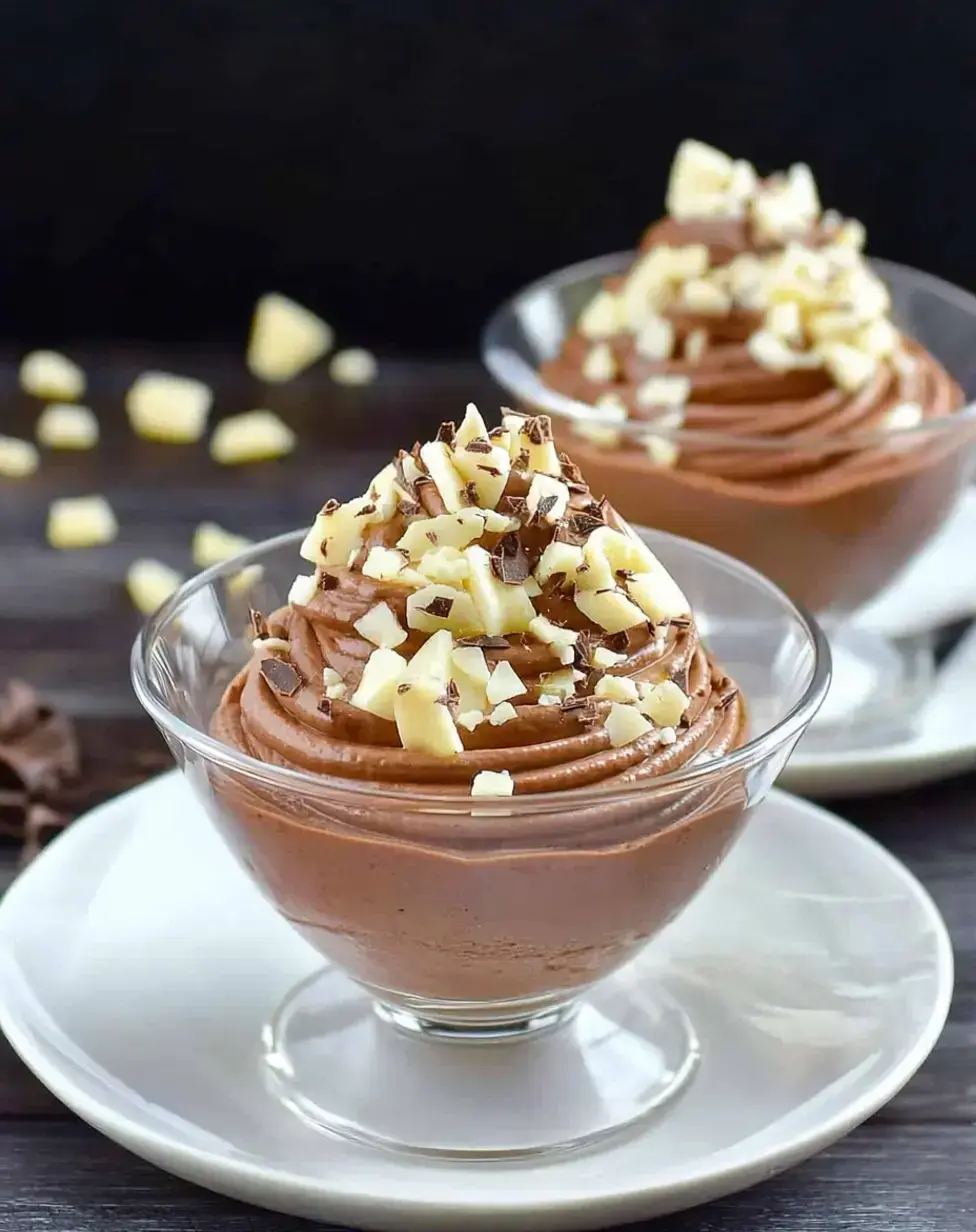 Deux coupes de mousse chocolatée décorées de copeaux de chocolat blanc et noirs, posées sur du bois.