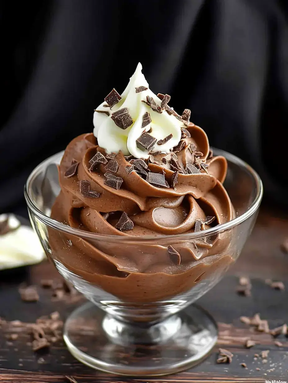 Un plat en verre rempli de mousse au chocolat tourbillonnante, surmontée de chantilly et copeaux de chocolat.