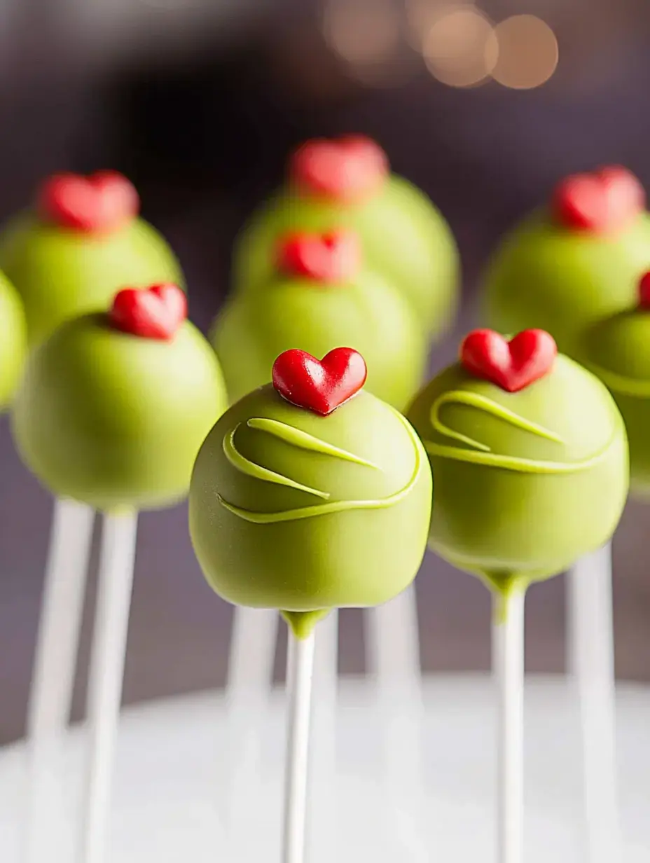 Zoom sur des cake pops verts décorés de petits cœurs rouges et plantés sur des bâtonnets blancs.
