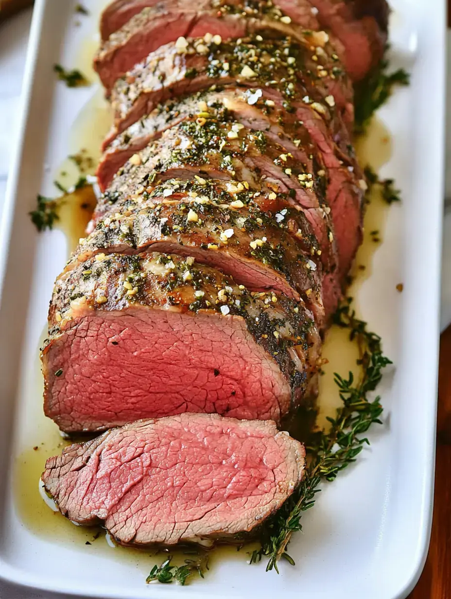 Un rôti de bœuf joliment nappé, découpé et garni d'herbes et d'épices, ultra juteux à l’intérieur.