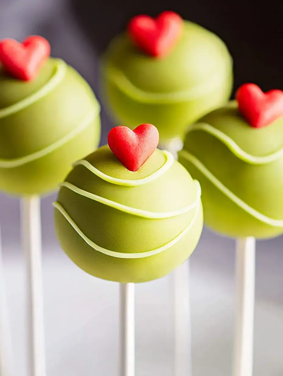Un groupe de cake pops verts surmontés de petits cœurs rouges tout mignons.