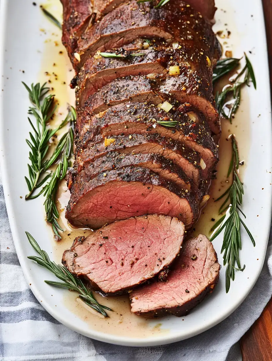Un plat de bœuf rôti tranché et garni de romarin frais, arrosé d’un jus goûteux.