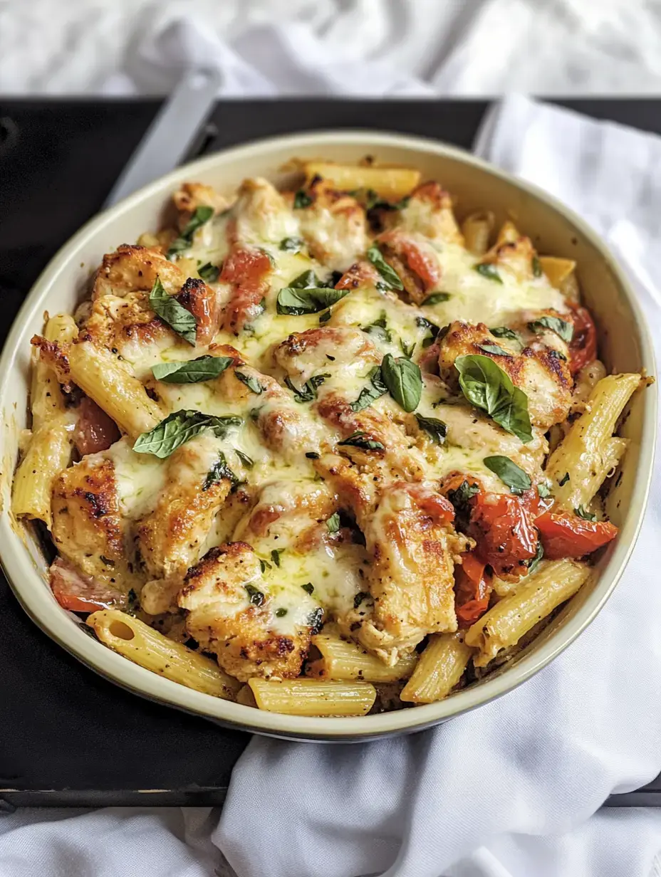 Gratin de pâtes type rigatoni avec poulet, tomates cerises, fromage fondu et basilic frais.