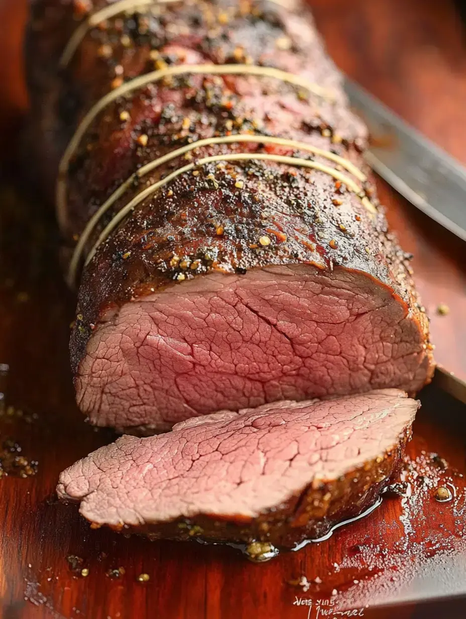 Un rôti de bœuf bien tranché, cuit comme il faut, garni d’épices sur une planche en bois.