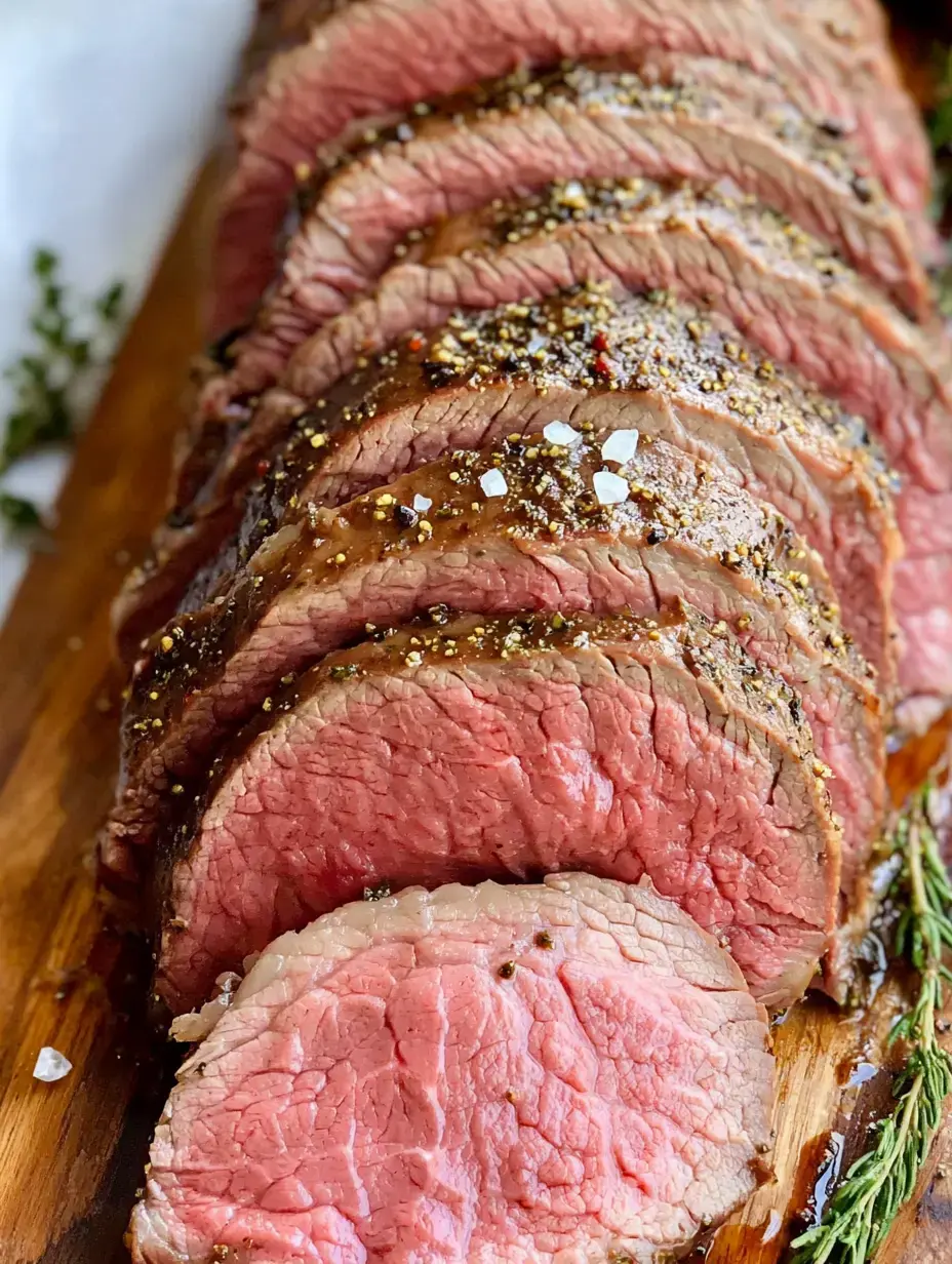 Des tranches de bœuf rosées et garnies d’herbes, sur une planche en bois bien rustique.