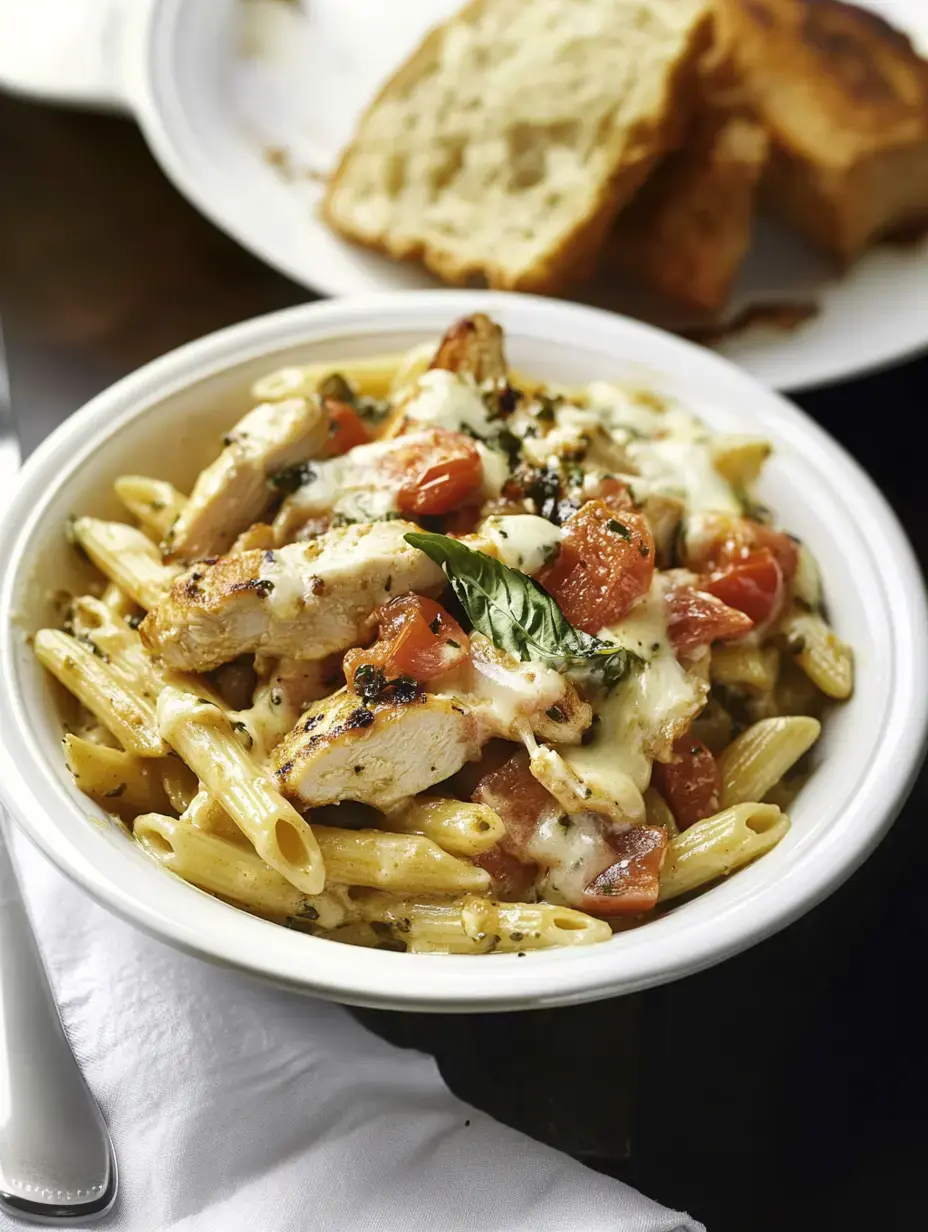 Bol de pâtes avec poulet grillé, tomates cerises, fromage fondu et pain à côté.