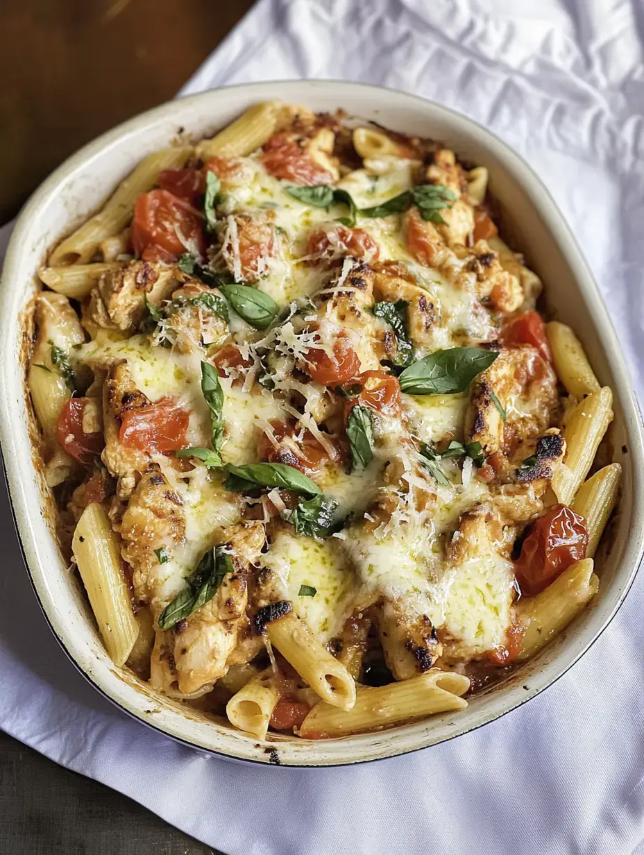 Gratin de penne avec poulet, tomates, fromage fondu et basilic.