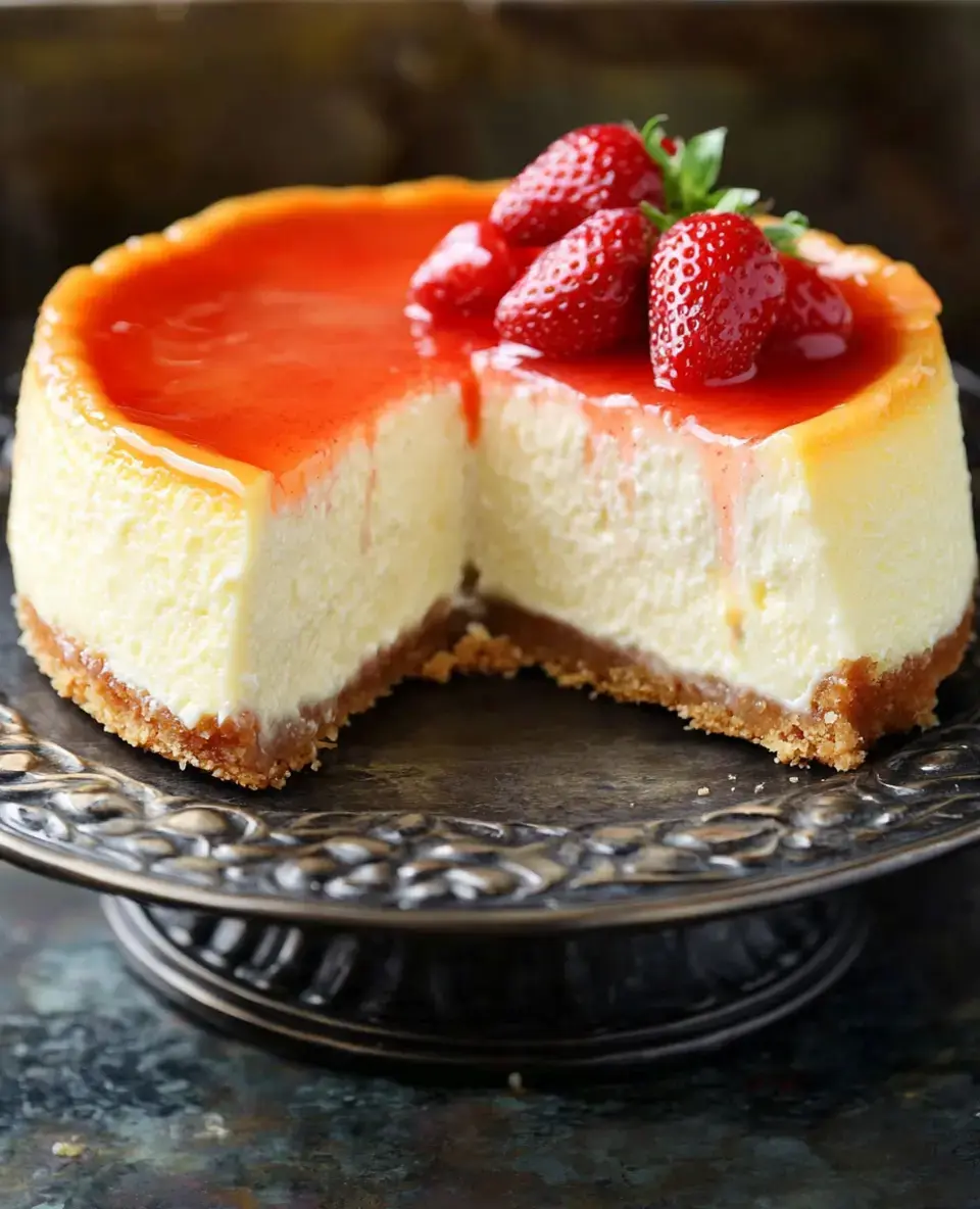 Un cheesecake découpé garni d’un coulis de fraises et de fraises fraîches sur un joli plat de service.