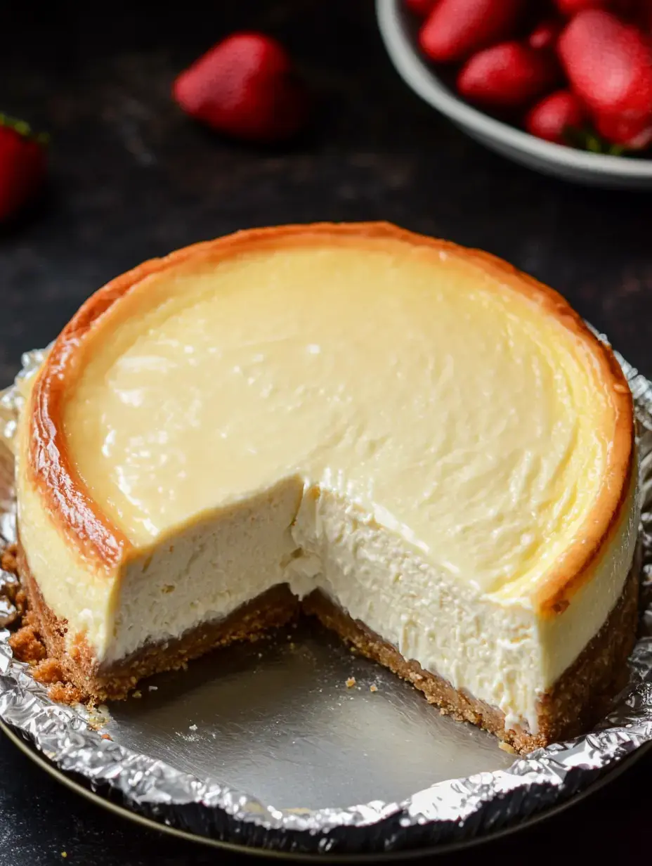 Un cheesecake crémeux avec une part enlevée sur un plat argenté, des fraises fraîches en arrière-plan.