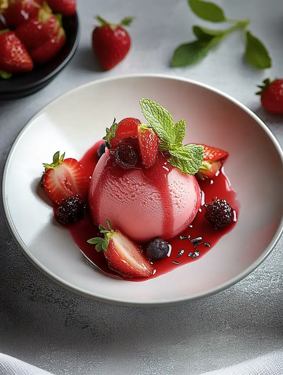 Une boule de dessert rose surmontée de fraises fraîches, myrtilles et menthe, servie dans un bol avec un filet de coulis aux fruits rouges.