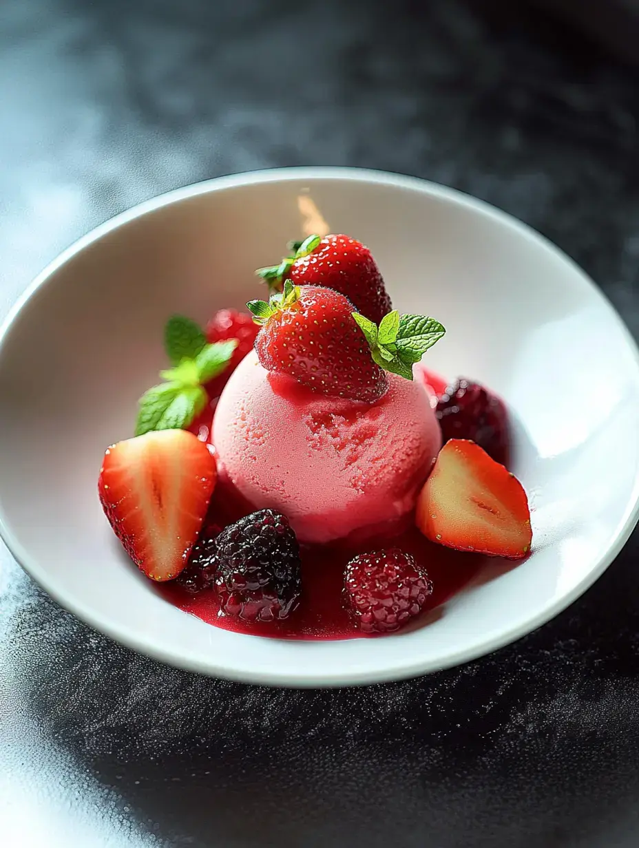 Une coupelle de glace à la fraise rose garnie de fraises fraîches, feuilles de menthe et coulis, entourée de fruits rouges.