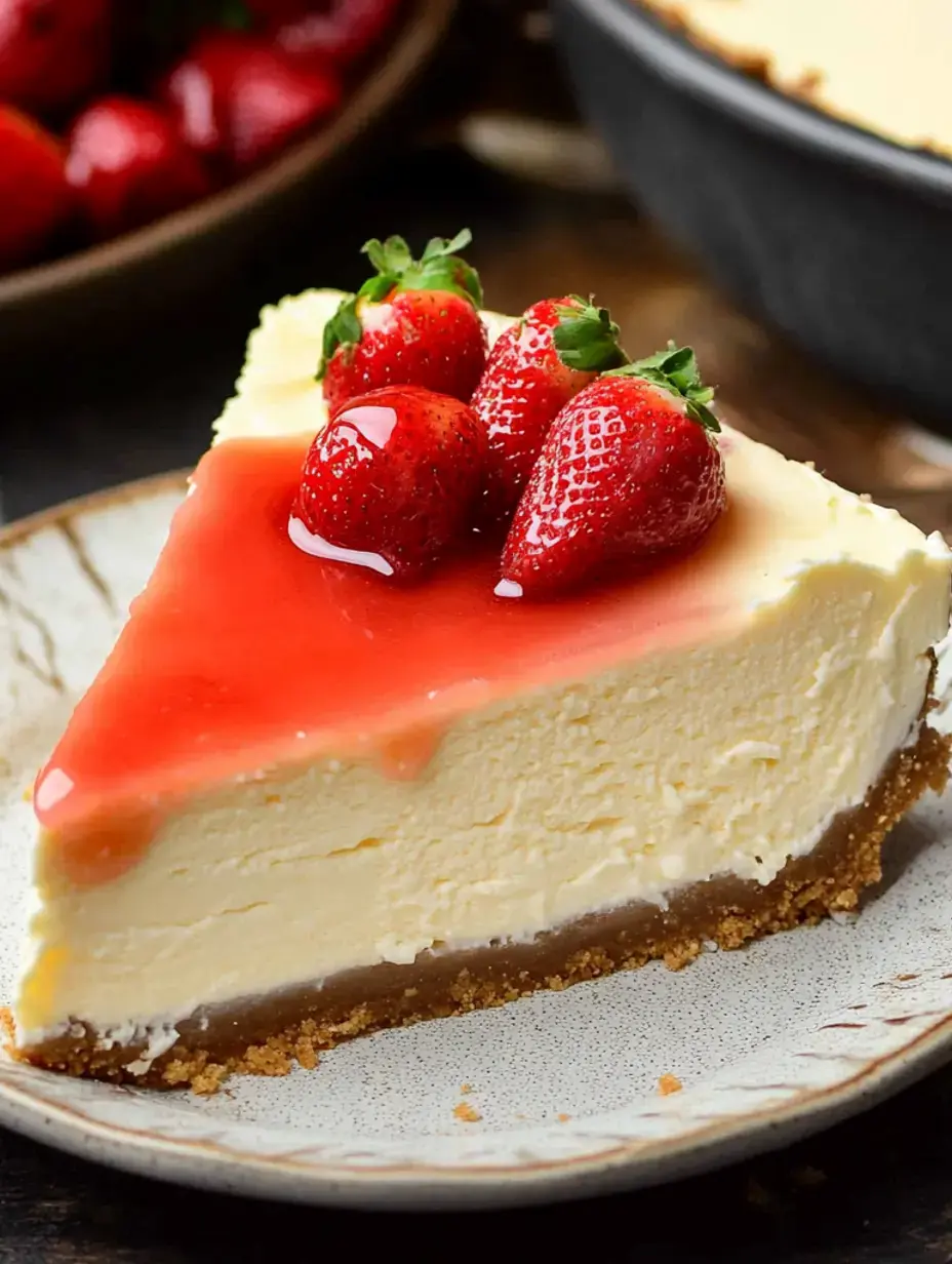 Une part de cheesecake crémeux surmontée de fraises avec un nappage brillant, sur une assiette décorative.